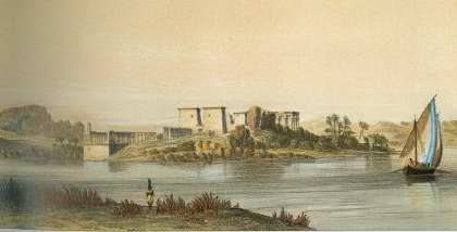 The island of Philae, not far from Aswan, with its great monumental complexes dedicated to the cult of Isis was considered to be one of the most sacred sites of Ancient Egypt. This evocative illustration is taken from Views of the Nile by Owen Jones (1843) -- Plate: The Discovery of the Nile -- Gianni Guadalupi -- Chartwell Books -- ISBN: 0-7858-1527-9