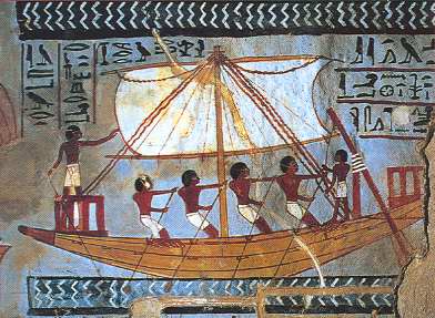A ship bears the mummy of the deceased down the Nile; a wall painting from the tomb of Mayor Sennefer of Thebes -- New Kingdom -- 18th Dynasty -- Reign of Amenhotep II (Circa 1426-1400 BC) -- Photograph: Ancient Egypt -- General Editor David Silverman -- Oxford University Press -- ISBN: 0195212703